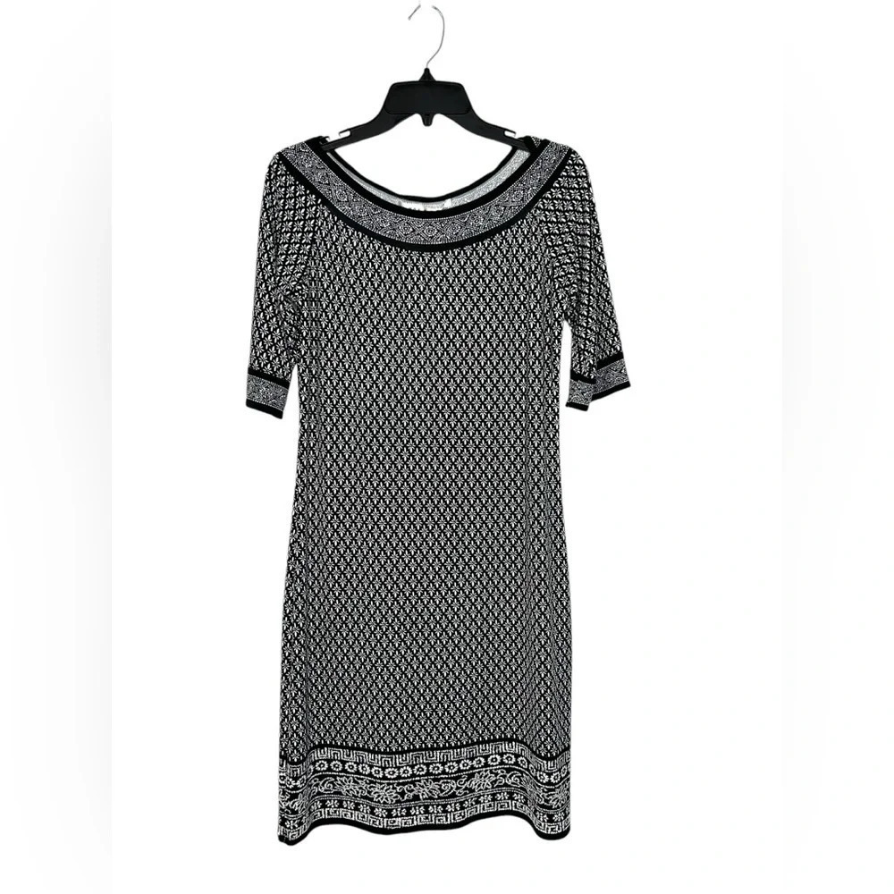 Max Studio Print Sheath Dress Sz M Black White Wedding Minimalist Neutral EUC